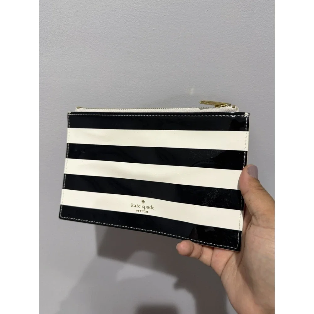 Kate Spade NY Black White Stripe Pencil Pouch Cosmetic Bag Pink Lining T